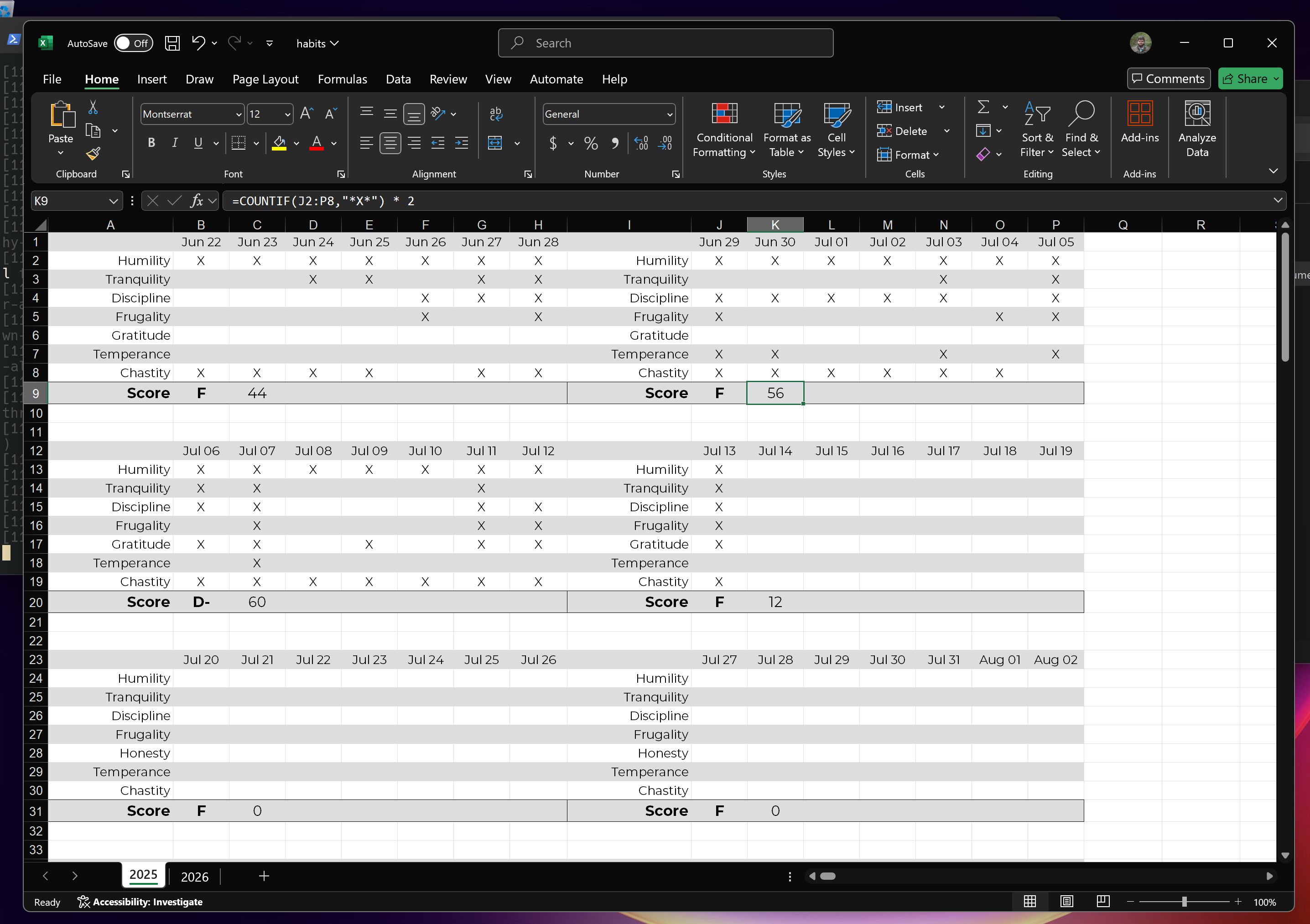 My virtue tracking spreadsheet